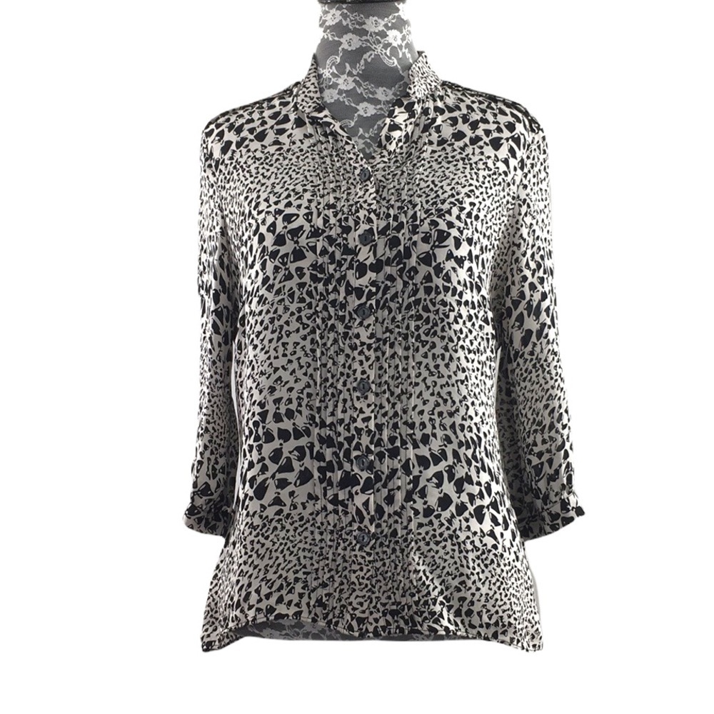 Parker Black Cream Animal Print Button Front Shirt Womens XS 100% Silk
